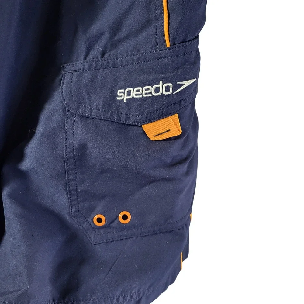 Speedo Mens Volley Swim‎ Shorts Navy Blue Orange Cargo Pocket Mesh Liner XXL